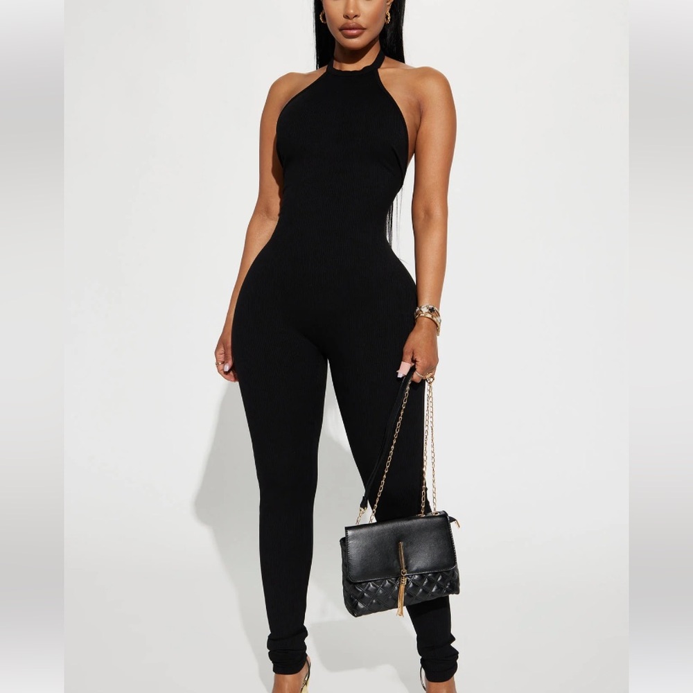 Black Ribbed Jumpsuit with open back